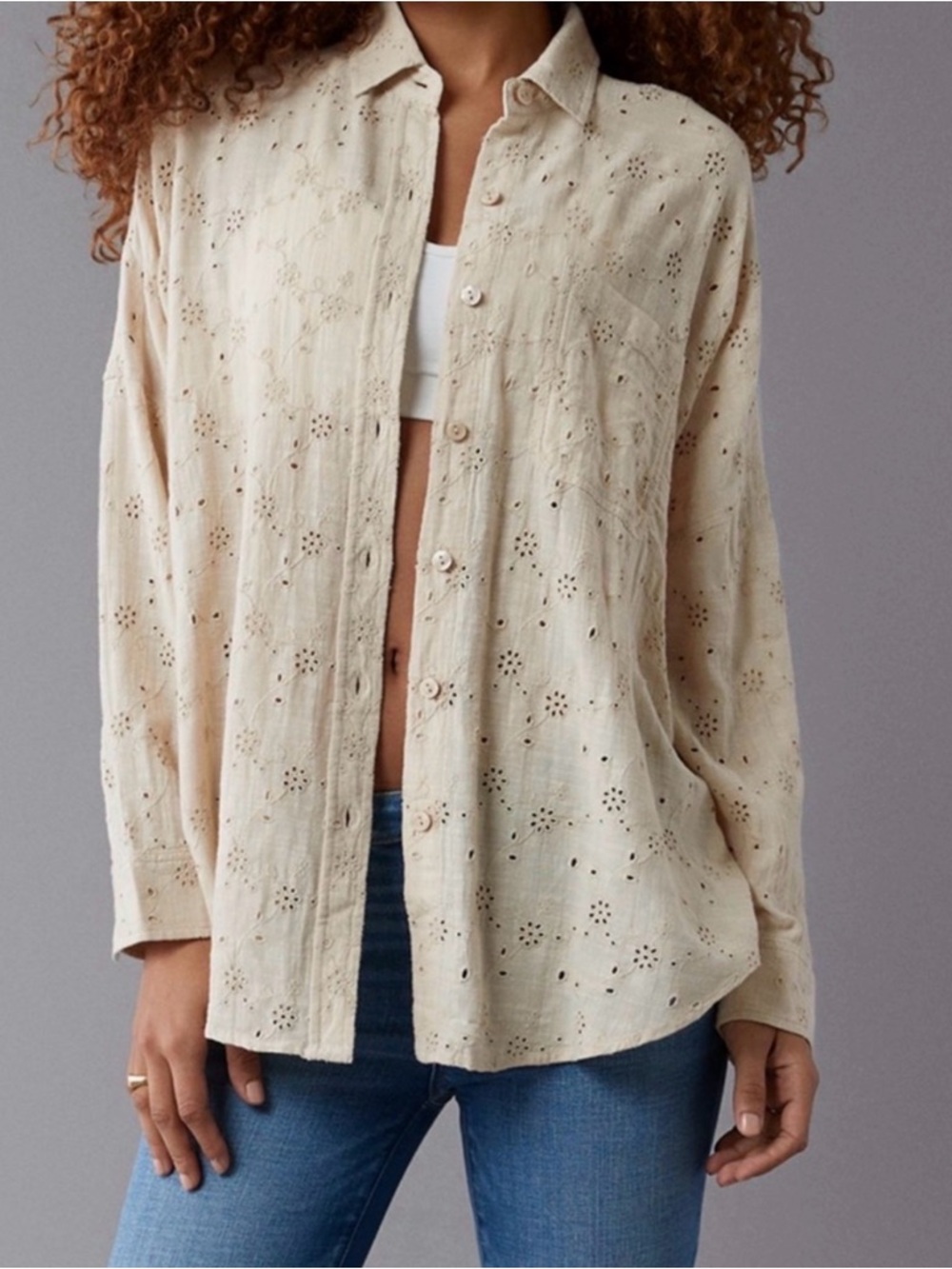 American Eagle Outfitters Cream Eyelet Button-Down Shirt Size XL